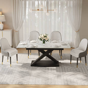 Thomas Modern Rectangular 55.2 Inch -70.9 Inch Extendable X Leg White Dining Table Set with 4 Chairs