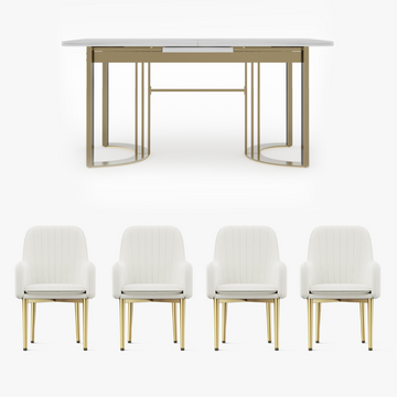 Eden Common Luxury Extendable 63 inch -78.7 inch White Rectangular Dining Table Set with 4 Chairs
