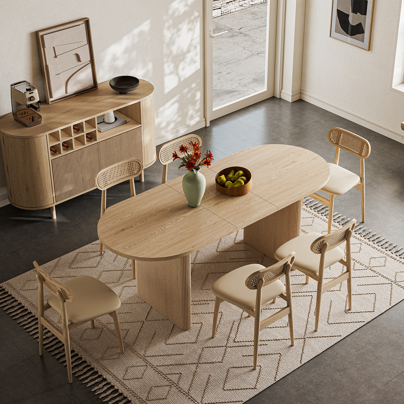 Todd Japandi 4 - 6 Person 63 Inch to 78.7 Inch Oval Wood Dining Tables with Storage Extendable Tabletop & Sideboard Set