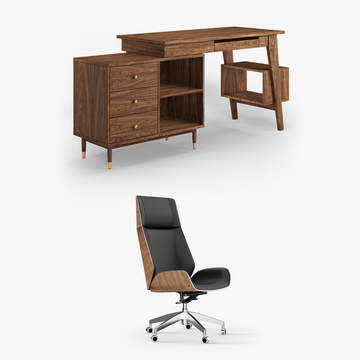 Miya Japandi Walnut Office Desk & PU Leather Swivel Office Chair Set