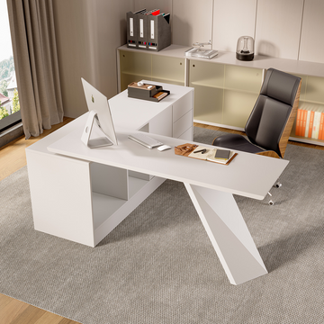George Modern Home Office White Large L Shaped Executive Desk with Drawers & Cabinet