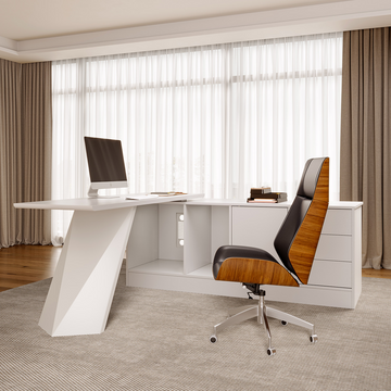 George Modern Home Office White Large L Shaped Executive Desk with Drawers & Cabinet