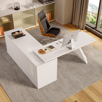 George Modern Home Office White Large L Shaped Executive Desk with Drawers & Cabinet