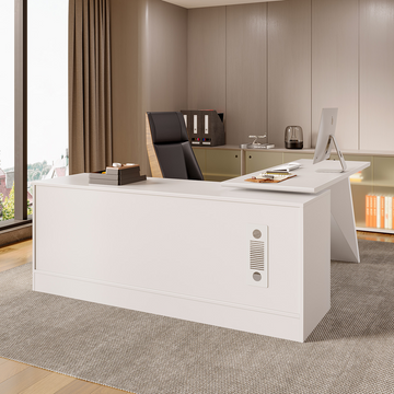 George Modern Home Office White Large L Shaped Executive Desk with Drawers & Cabinet