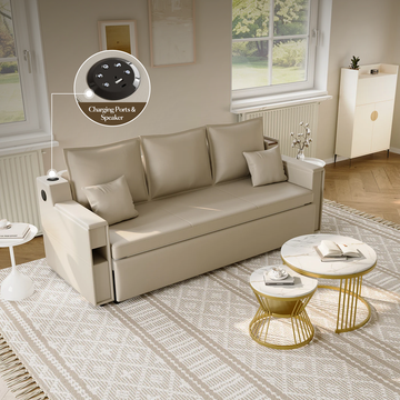 George Modern Convertible Sofa Sleeper Leather Futon Bed with Speaker & USB Ports
