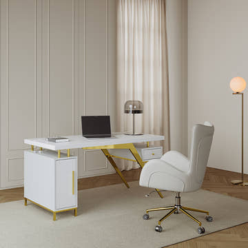 Sophie Common Luxury White Office Desk & White Leather Best Ergonomic Office Chair Set
