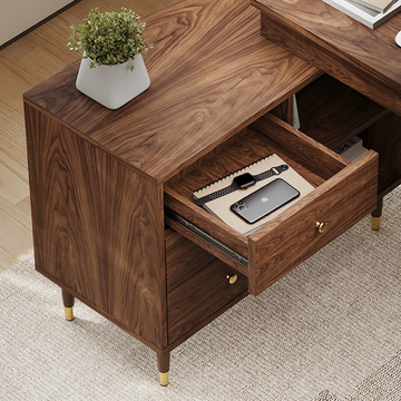 Miya Japandi Walnut Modern Home Office Desk with Drawers Multi-Functional Storage