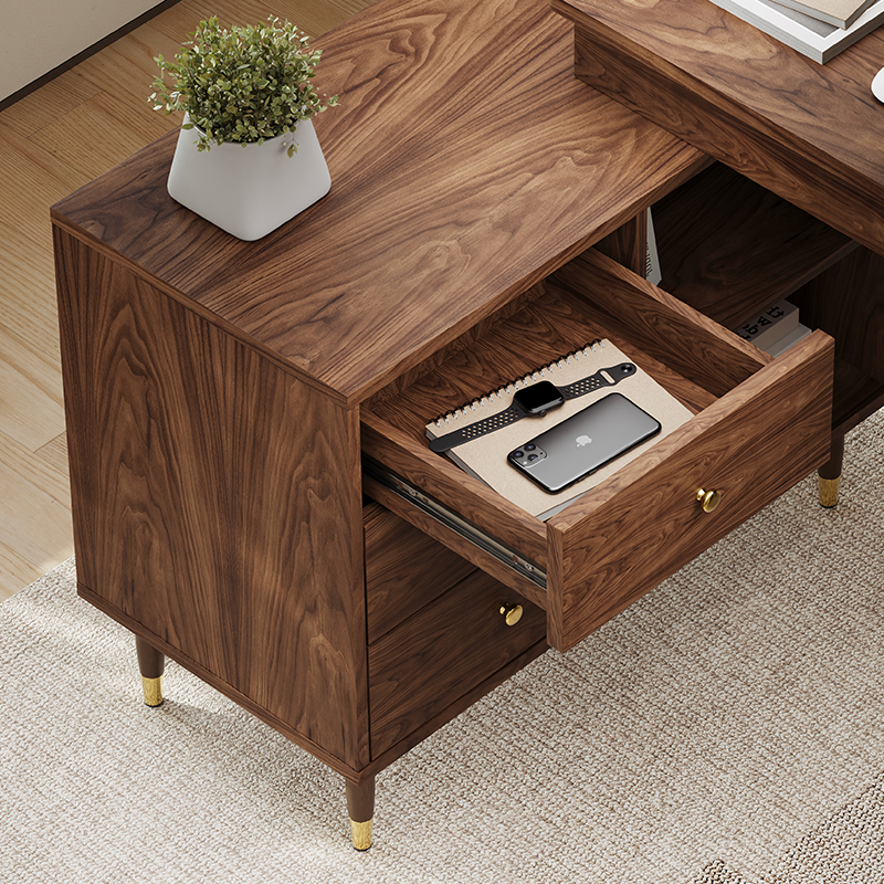Miya Japandi Walnut Modern Home Office Desk with Drawers Multi-Functional Storage