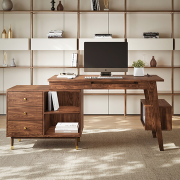Miya Japandi Walnut Modern Home Office Desk with Drawers Multi-Functional Storage