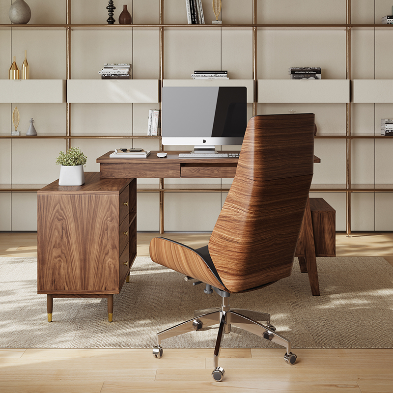 Miya Japandi Walnut Modern Home Office Desk with Drawers Multi-Functional Storage