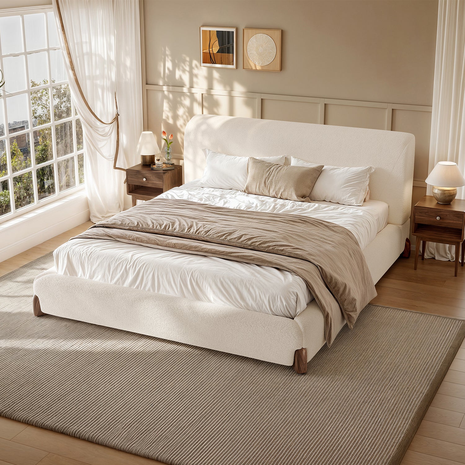 Miya Japandi Upholstered Sherpa Platform Bed Frame & 2 Nightstands Set