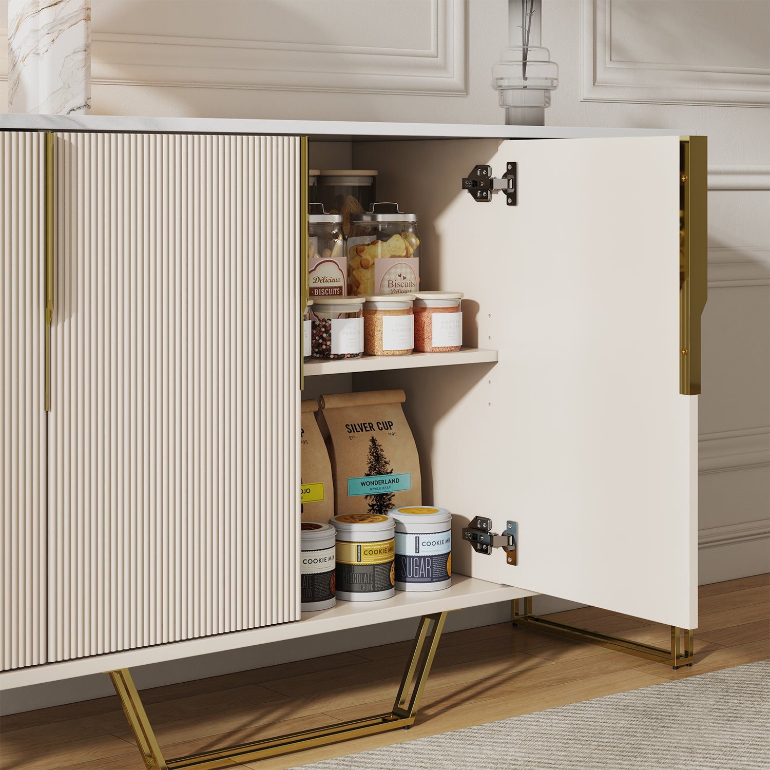 Cassandra Common Luxury 59.1 Inch White Sideboard Modern Buffet Table with Storage