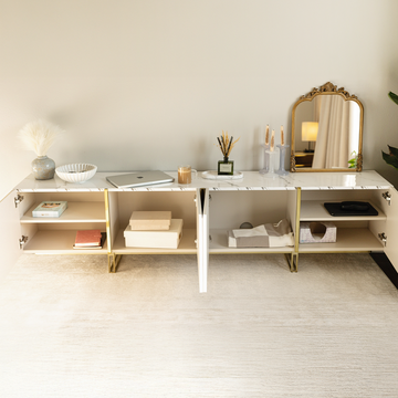 Cassandra Common Luxury Off White Large Media Console 86.7 inch TV Stand with Storage