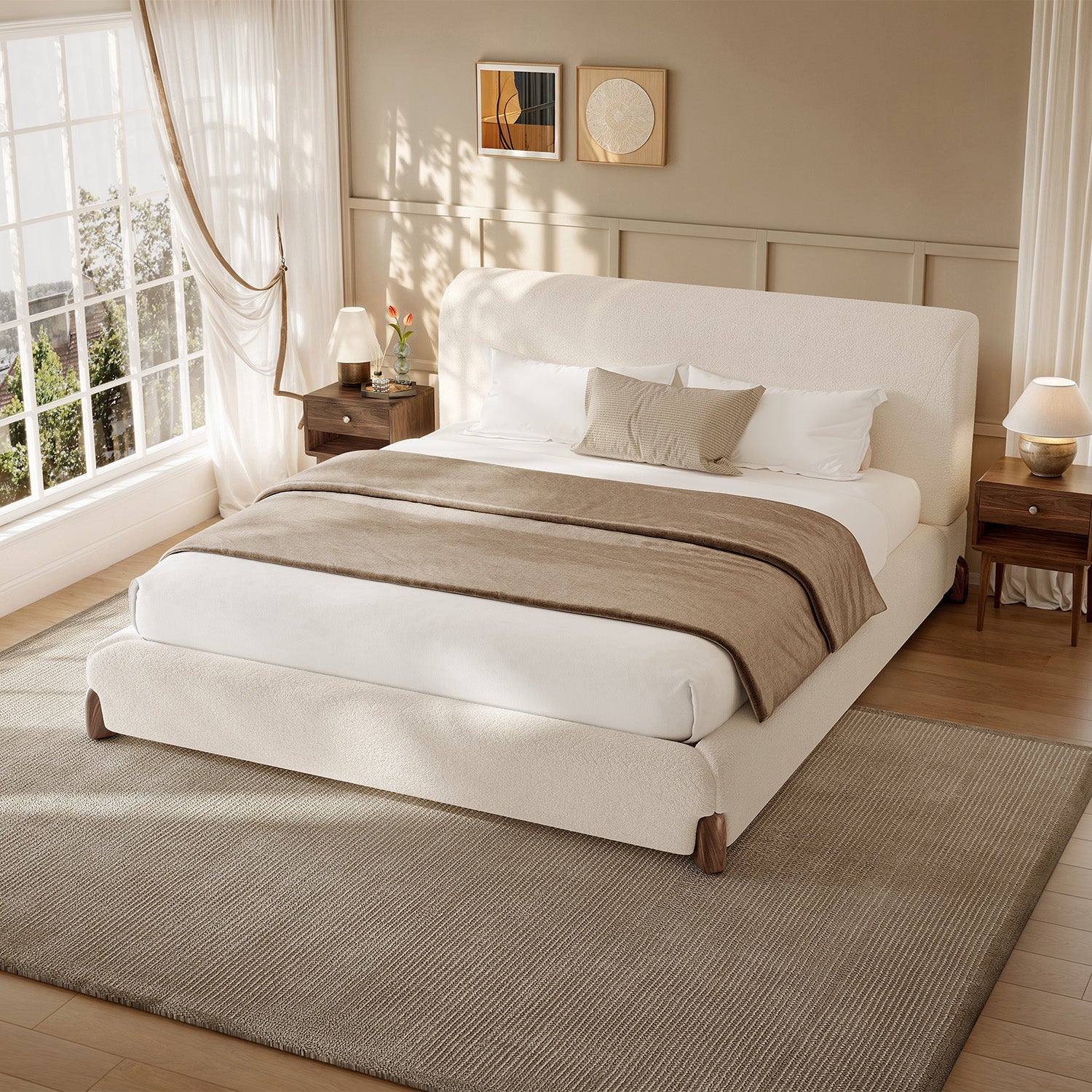 Miya Japandi Upholstered Sherpa Queen/King Platform Bed Frame with Thickness Headboard